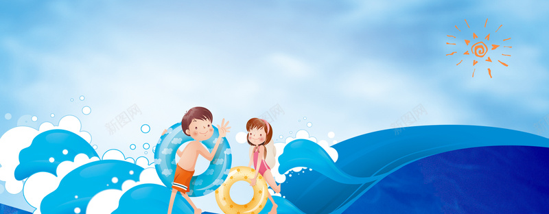 海边游泳招生卡通蓝色背景背景