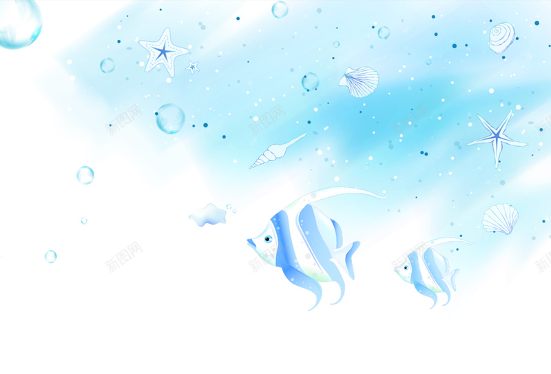 蓝色手绘热带鱼背景psd设计背景_新图网 https://ixintu.com 热带鱼 海星 海螺 蓝色 边框 手绘 水彩 卡通 童趣