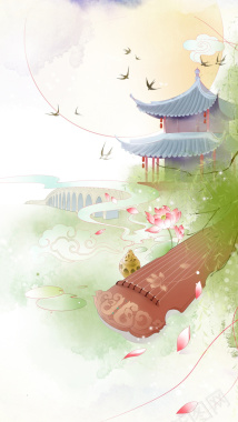中国风西湖植物荷花H5背景素材背景