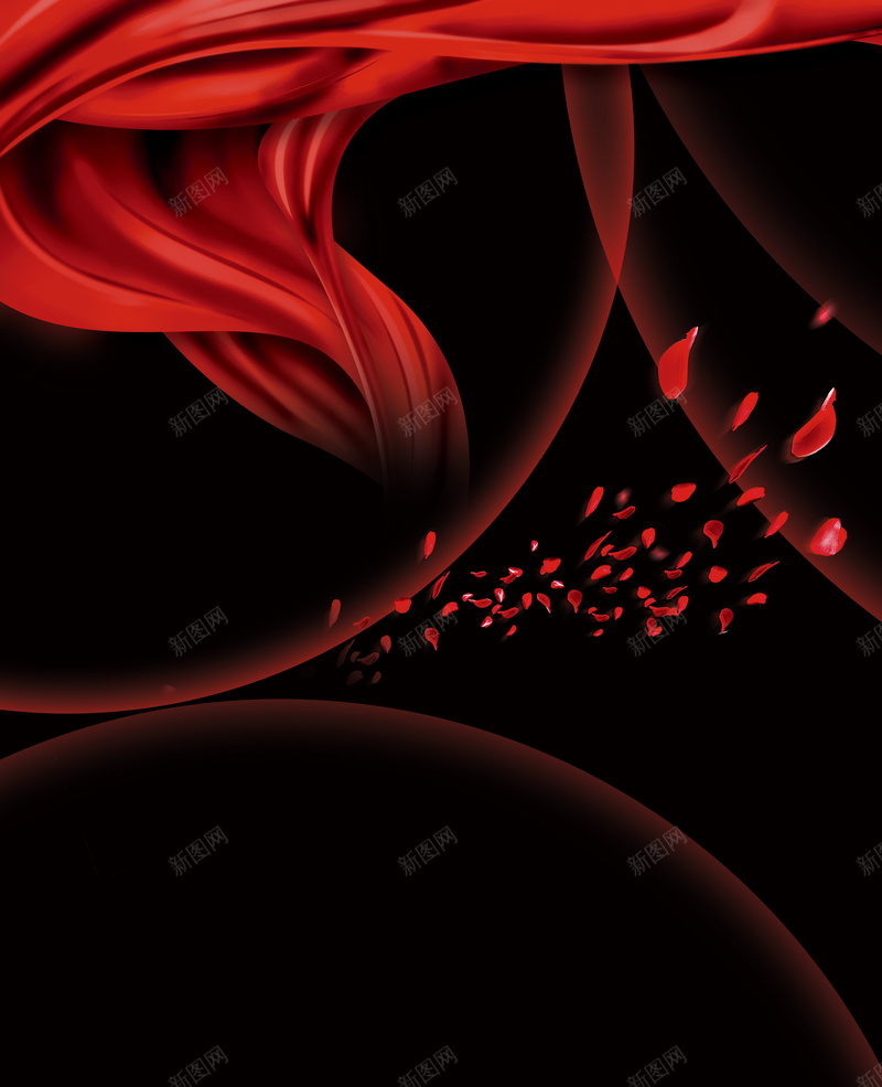 红色绸带花瓣背景jpg设计背景_新图网 https://ixintu.com 红色绸带 黑色 花瓣 花环