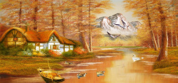 黄色天鹅秋季油画风景高清图片