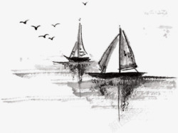 素描帆船画透明装饰国风素材
