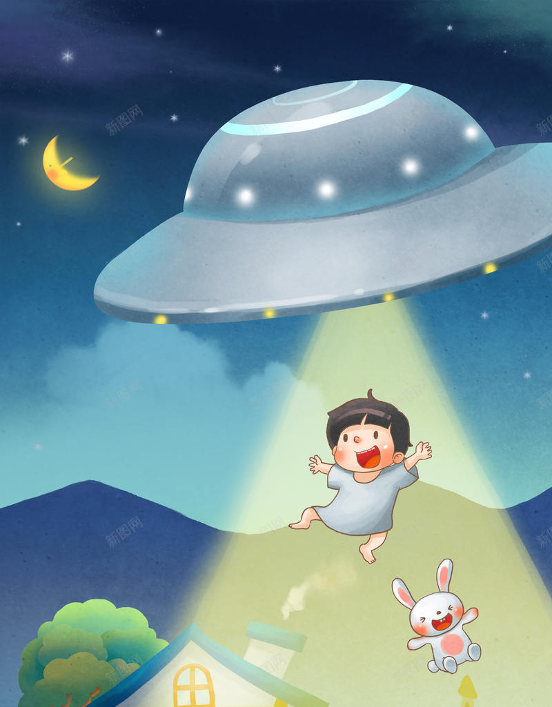 画册背景图psd设计背景_新图网 https://ixintu.com 卡通 手绘 儿童 飞碟 月亮 UFO 深蓝 夜景 童趣