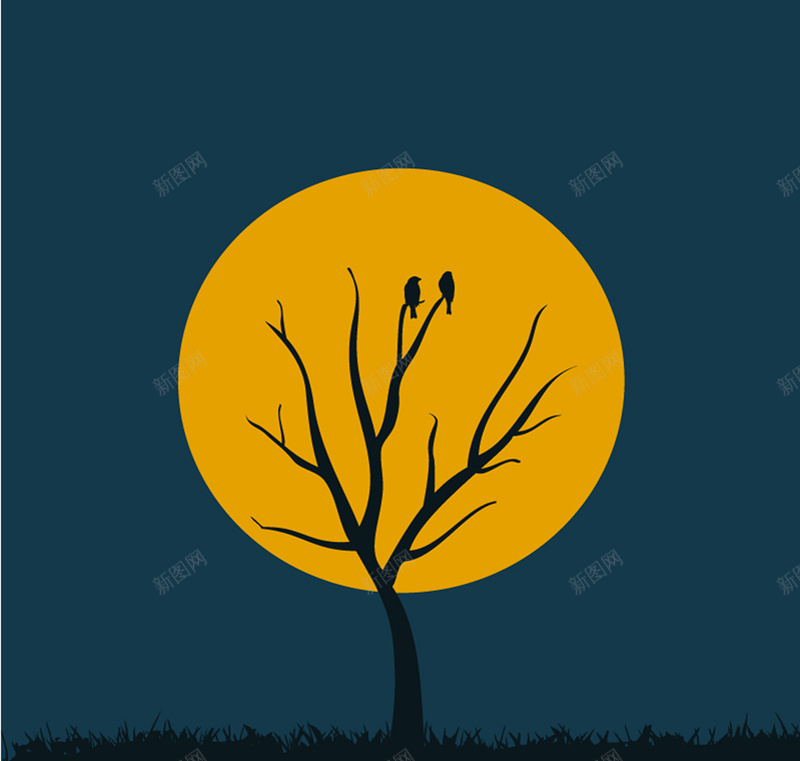 万圣节创意月亮树背景矢量图jpg设计背景_新图网 https://ixintu.com 原野 夜晚 月亮 树木 鸟 植物 剪影 矢量图 卡通 童趣 手绘