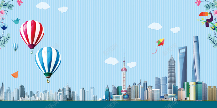 蓝色卡通矢量上海旅游海报背景背景