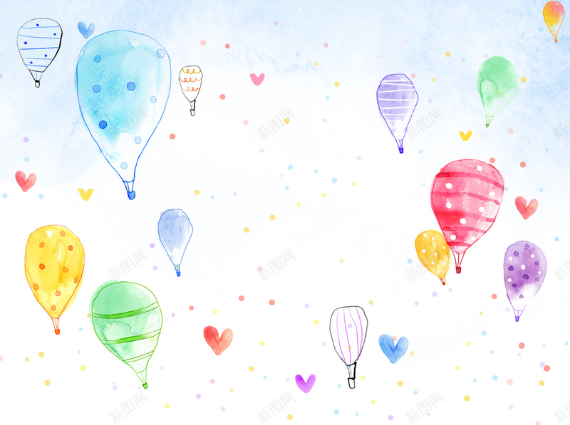 手绘彩色热气球背景psd设计背景_新图网 https://ixintu.com 热气球 圆点 彩色 手绘 线条 爱心 水彩 卡通 童趣