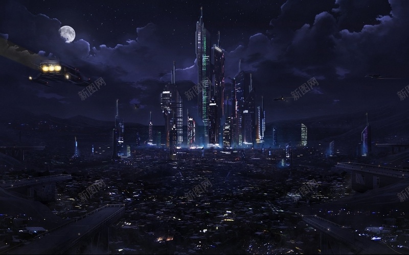 深蓝色未来城市背景jpg设计背景_新图网 https://ixintu.com 商务 城市 大气 科幻 科技 未来 高楼 云朵 月亮 海报 背景