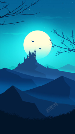 梦幻月夜手绘蓝色矢量月夜城堡背景高清图片