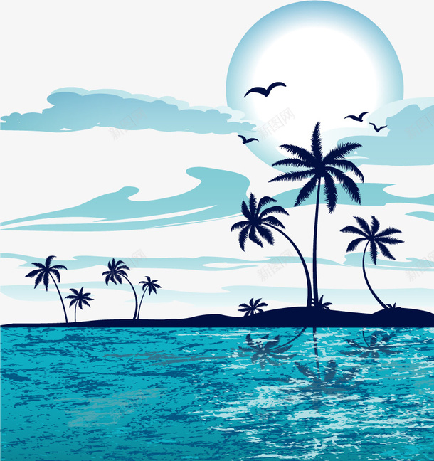 矢量椰子树装饰图案免扣素材ai免抠素材_新图网 https://ixintu.com 椰子树 蓝色 海边 海鸥
