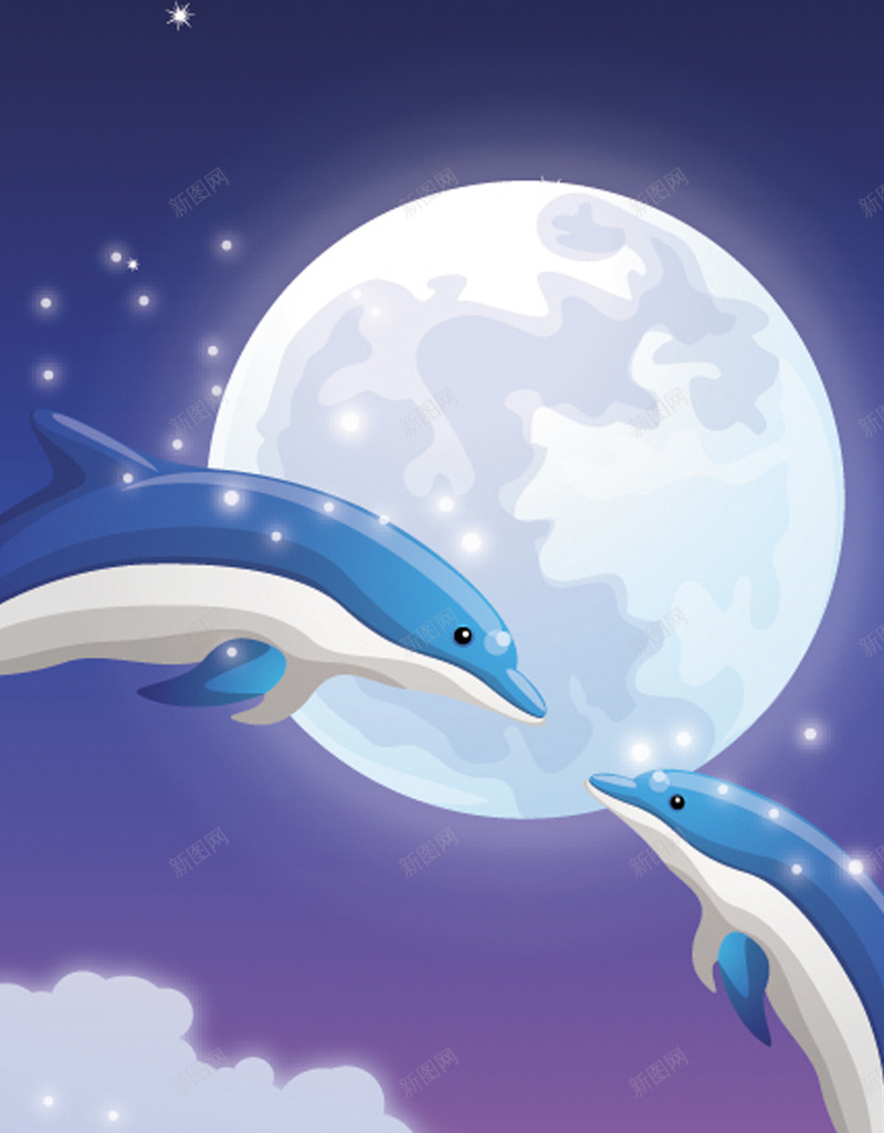 浪漫海豚H5背景jpg设计背景_新图网 https://ixintu.com 月亮 梦幻 海豚 海洋 卡通 童趣 手绘