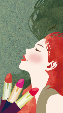 红发女人手绘化妆女人H5背景高清图片