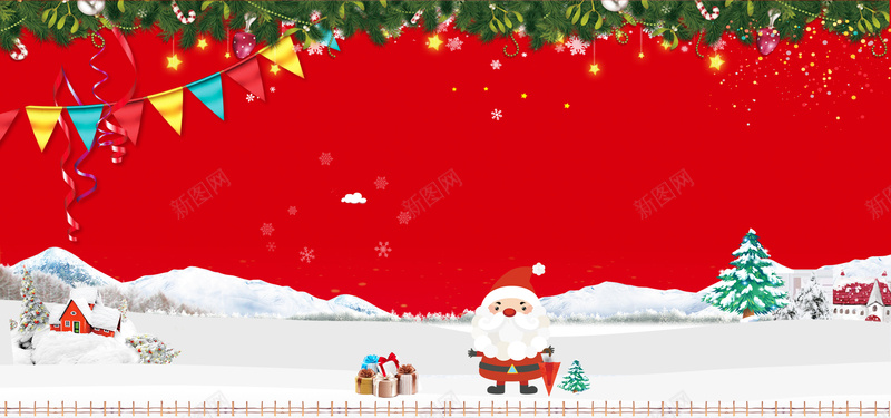 圣诞节卡通雪花文艺红色banner背景