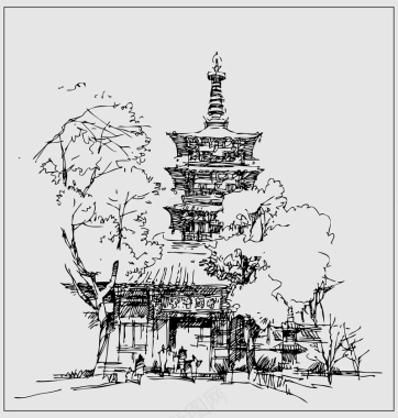 古建筑古寺庙简笔画背景