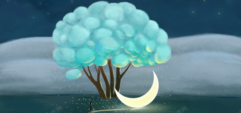 月亮背景jpg设计背景_新图网 https://ixintu.com 月牙 女孩 海报banner 卡通 童趣 棉花树 手绘