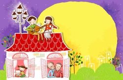 抽象幸福一家人韩式清新幸福家庭一家人月亮房子海报背景高清图片