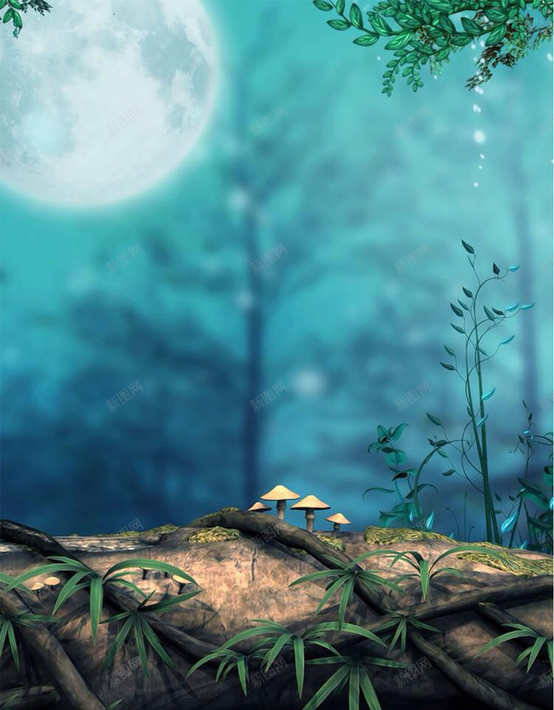 唯美的树林风景H5素材背景jpg设计背景_新图网 https://ixintu.com 青色背景 唯美 月亮 树林 植物 H5素材