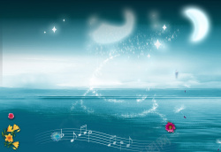 海边聚会海边音符梦幻月亮背景高清图片