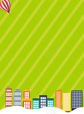 彩色扁平线条城市建筑卡通气球背景素材背景