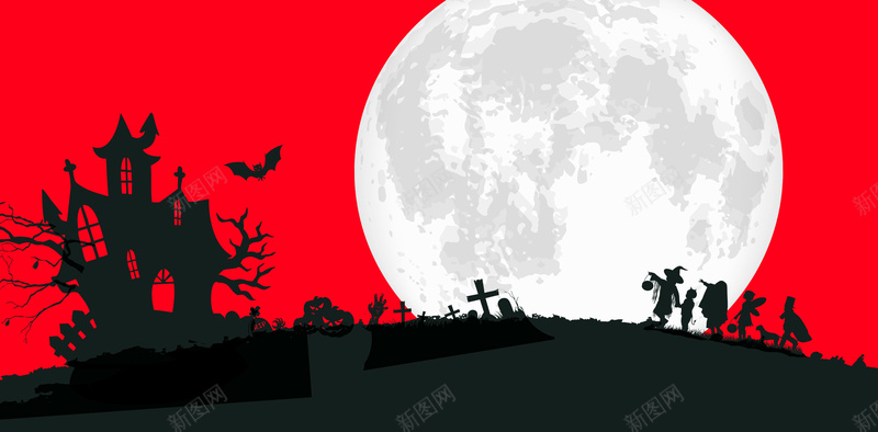 红色背景万圣节海报psd设计背景_新图网 https://ixintu.com 月亮 卡通 童趣 手绘