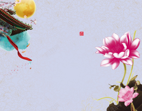 中国风鼓墙头下的手绘莲花背景素材背景