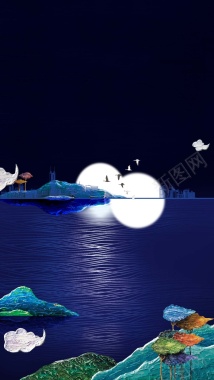 蓝色湖水上的月亮H5素材背景