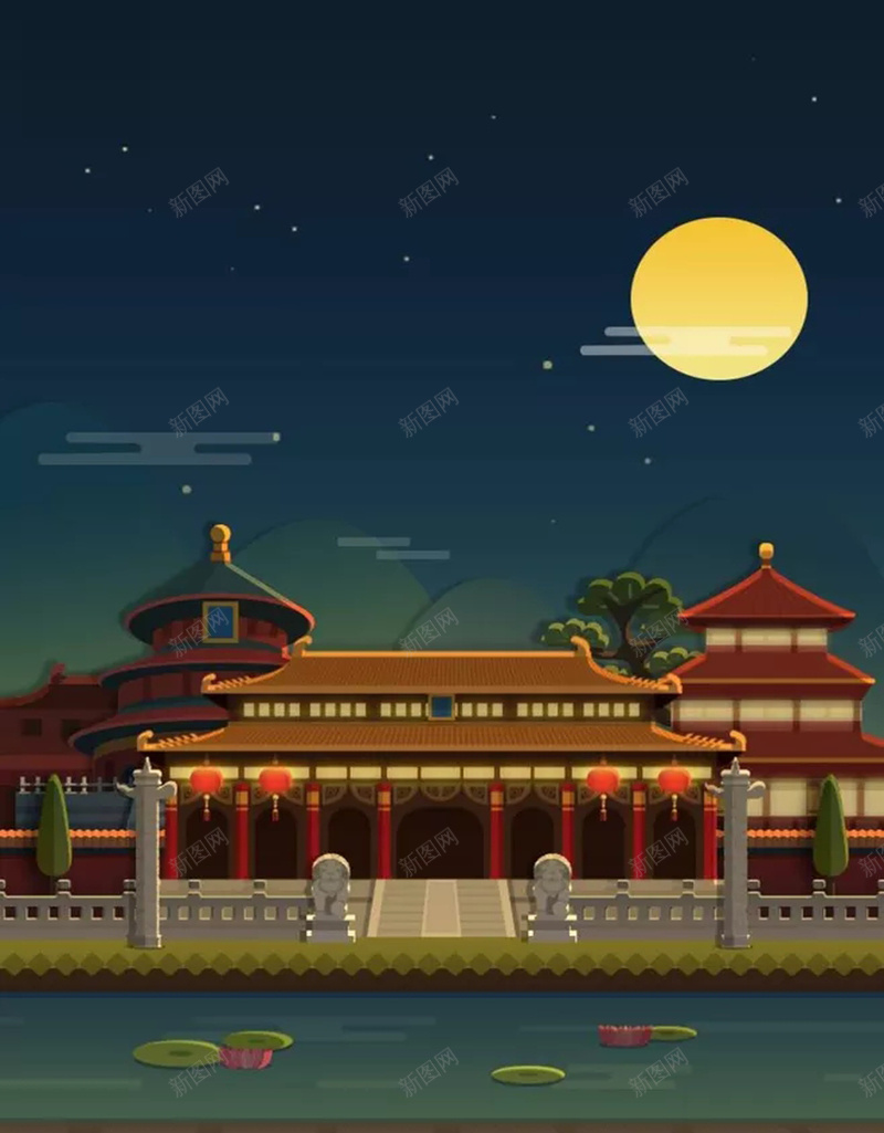 皇城中的夜空海报设计jpg设计背景_新图网 https://ixintu.com 中国风 古城 复古 夜空 皇城 建筑 月亮 护城河 荷花