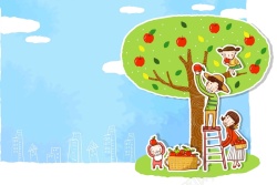 一家人手绘韩式清新幸福家庭一家人果树团聚海报背景高清图片