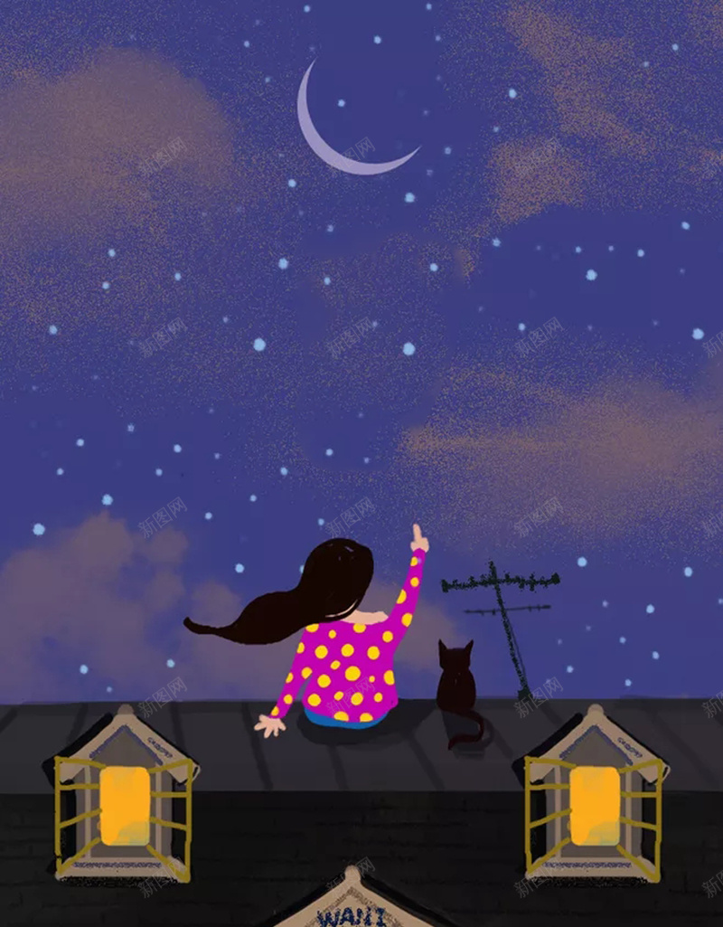 瞭望星空的少女海报设计psd设计背景_新图网 https://ixintu.com 少女 星星 星空 月亮 猫 夜晚 欧式 建筑 屋顶 手绘