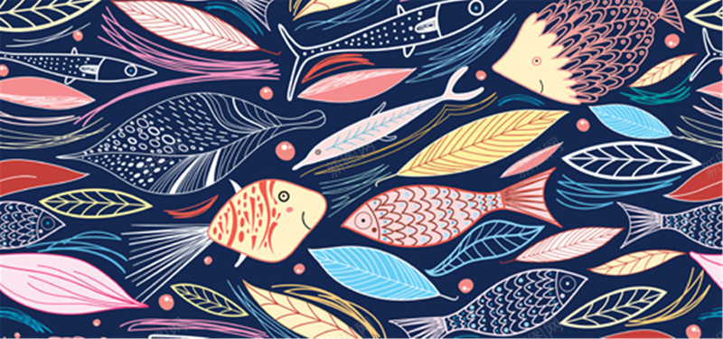 卡通鱼类手绘jpg设计背景_新图网 https://ixintu.com 卡通 可爱 手绘 线条 鱼类 海报banner 童趣