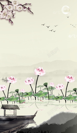水墨莲花池中国风水墨莲花池塘背景素材高清图片