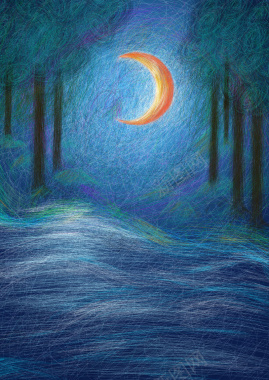 手绘蓝色森林夜晚海报背景