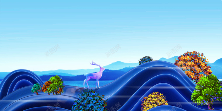 蓝色梦幻手绘风景线条动物背景素材背景