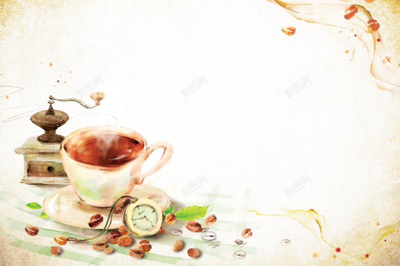 手绘复古咖啡背景psd设计背景_新图网 https://ixintu.com 咖啡 怀表 手绘 线条 黄色 水彩 卡通 童趣