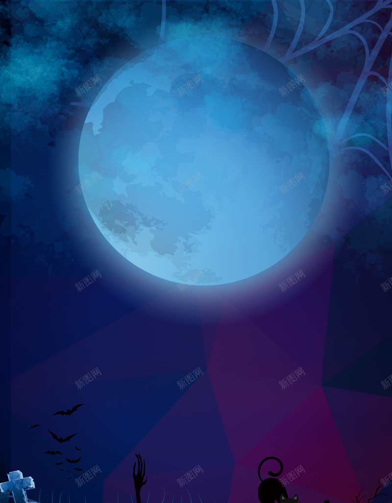万圣节诡异海报背景jpg设计背景_新图网 https://ixintu.com 万圣节 蓝色 月亮 诡异 猫咪 蝙蝠 手 恐怖 墓碑