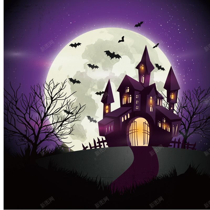 恐怖主题海报背景jpg设计背景_新图网 https://ixintu.com 万圣节 城堡 恐怖 月亮 蝙蝠