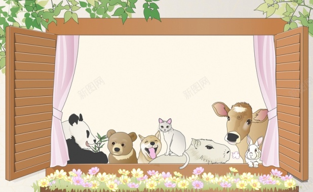 可爱手绘动物窗口背景背景