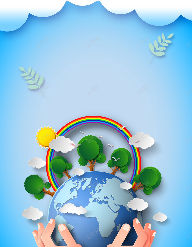 剪纸风保护环境人人有责环保海报psd设计背景_新图网 https://ixintu.com 云朵 地球 太阳 彩虹 树 蓝色 双手 保护环境 爱护地球 公益