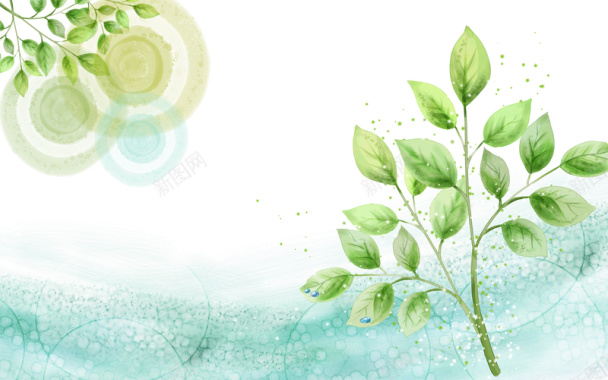 手绘喷绘水彩绿树叶圈圈印刷背景背景