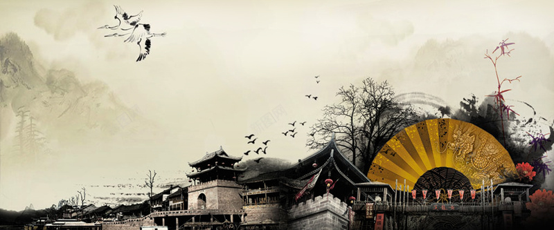 中国古代建筑大雁水墨背景背景