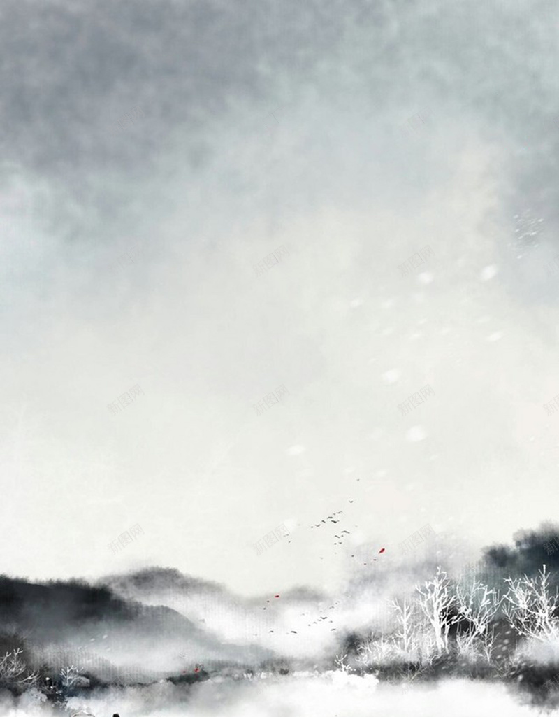 水墨画红衣美女赏雪海报背景素材jpg设计背景_新图网 https://ixintu.com 水墨画 红衣 美女 赏雪 海报背景 背景素材 大雁 山峦 雪 云 烟 中国风