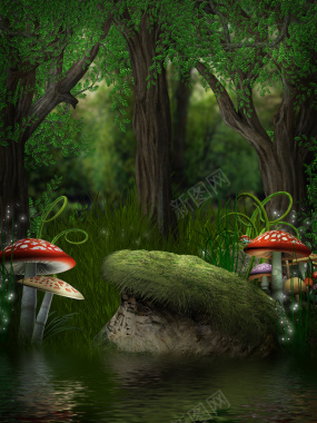 魔幻森林蘑菇绿色背景背景
