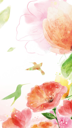 红色小鸟手绘春天花朵H5背景高清图片