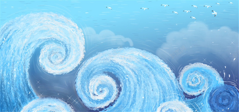 海浪水彩手绘jpg设计背景_新图网 https://ixintu.com 手绘 水彩 海浪 海鸥 蓝色 海报banner 卡通 童趣
