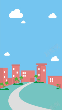 蓝色天空扁平化建筑背景