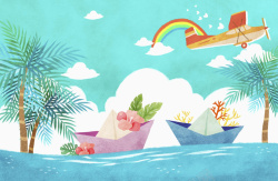 水彩画帆船手绘夏日海滩风景平面广告高清图片