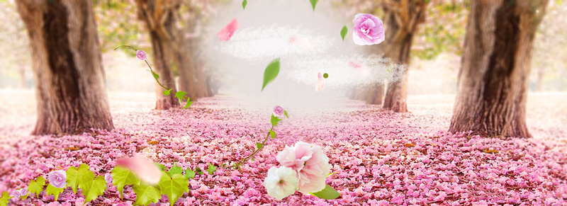 花海背景psd设计背景_新图网 https://ixintu.com 海报banner 大树 浪漫 绿叶 花海 梦幻