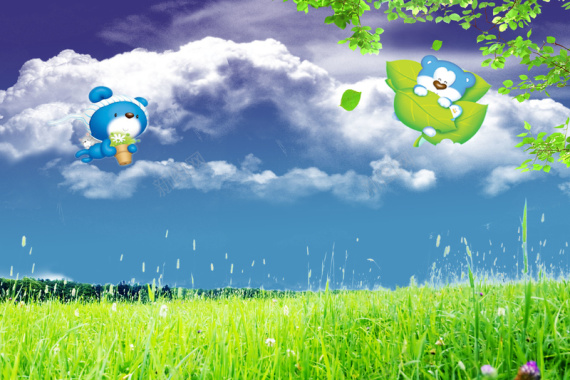 儿童节可爱卡通玩具熊青草地蓝天背景图背景