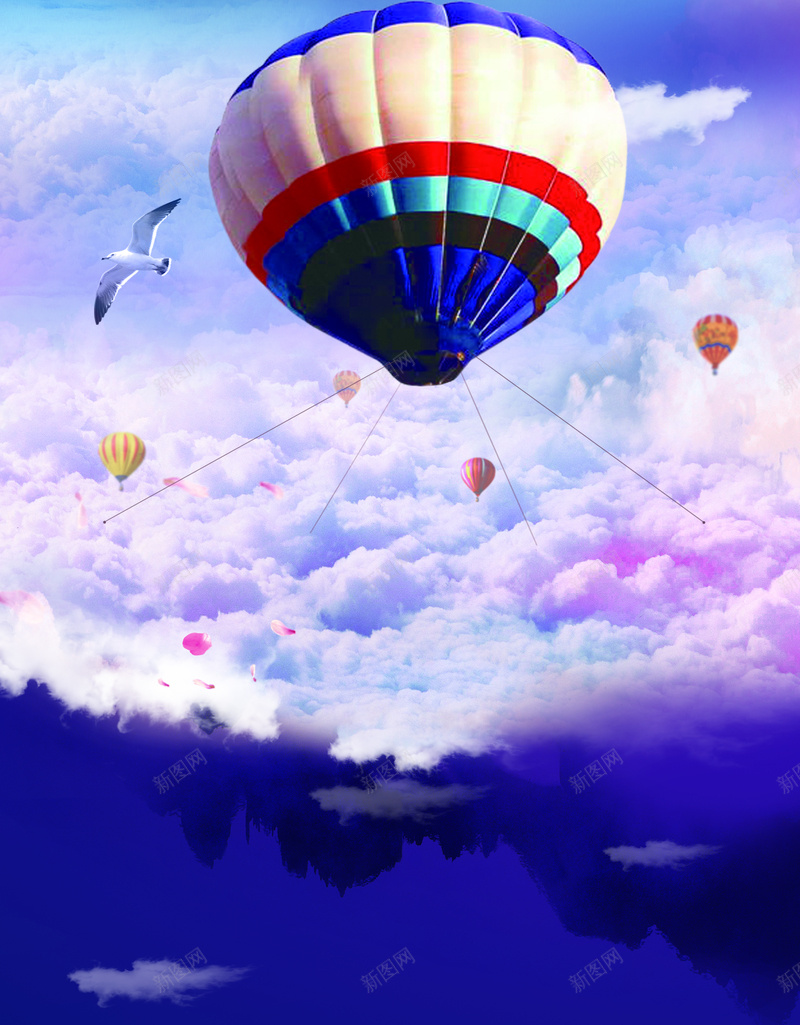 热气球海报psd设计背景_新图网 https://ixintu.com 热气球 仙境 天空 山林 气球 暗淡 清新