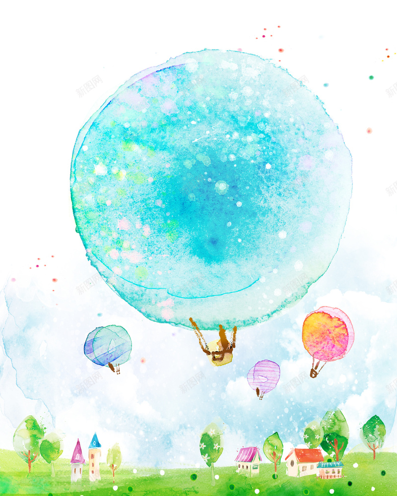手绘蓝色热气球背景psd设计背景_新图网 https://ixintu.com 手绘 蓝色 热气球 蓝天 村庄 草地 水彩 卡通 童趣