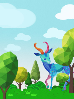 扁平化鹿绿色卡通水彩插画世界森林日背景素材高清图片